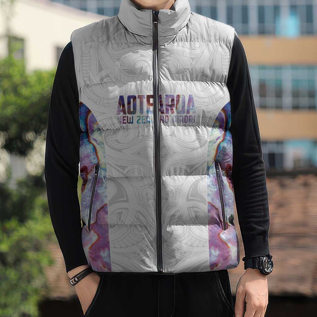 Custom New Zealand Aotearoa Sleeveless Puffer Jacket Pink Maori Paua Shell Indigenous - Aussie Hoodie