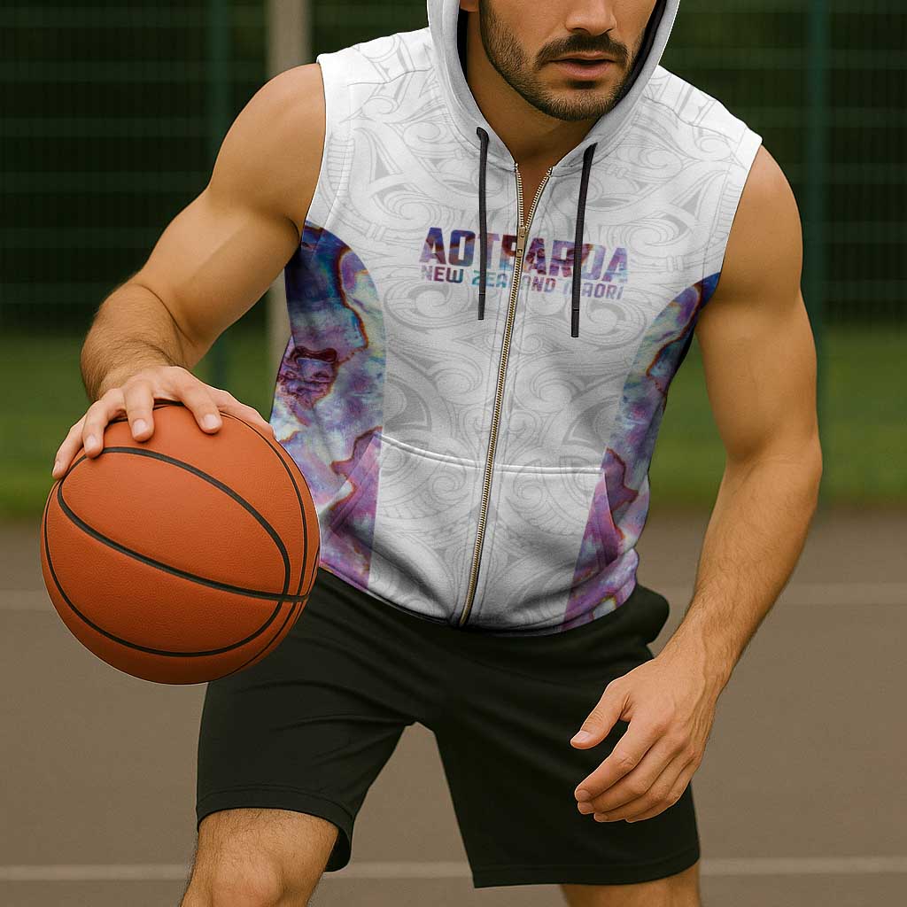 Custom New Zealand Aotearoa Sleeveless Zip Hoodie Pink Maori Paua Shell Indigenous - Aussie Hoodie