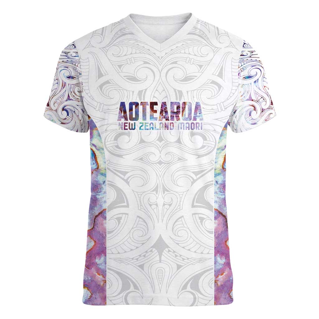 Custom New Zealand Aotearoa Women V-Neck T-Shirt Pink Maori Paua Shell Indigenous - Aussie Hoodie