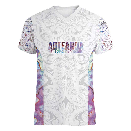 Custom New Zealand Aotearoa Women V-Neck T-Shirt Pink Maori Paua Shell Indigenous - Aussie Hoodie