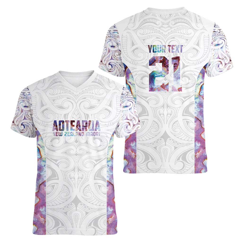 Custom New Zealand Aotearoa Women V-Neck T-Shirt Pink Maori Paua Shell Indigenous - Aussie Hoodie