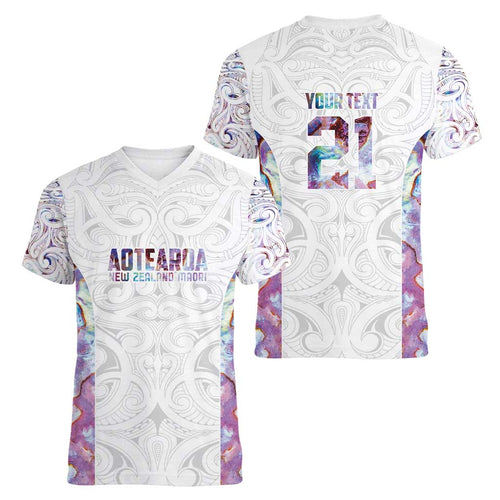 Custom New Zealand Aotearoa Women V-Neck T-Shirt Pink Maori Paua Shell Indigenous - Aussie Hoodie