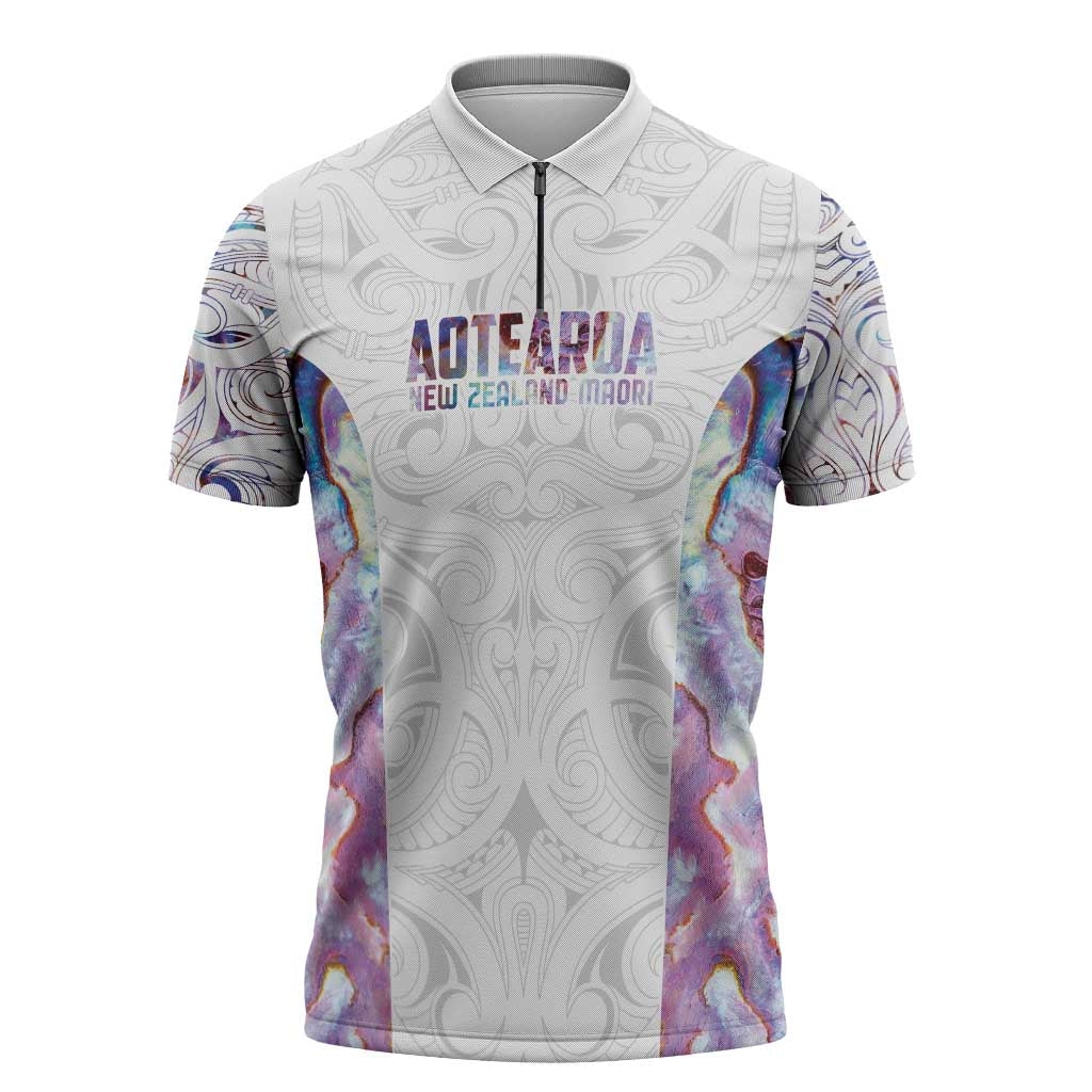 Custom New Zealand Aotearoa Zipper Polo Shirt Pink Maori Paua Shell Indigenous - Aussie Hoodie