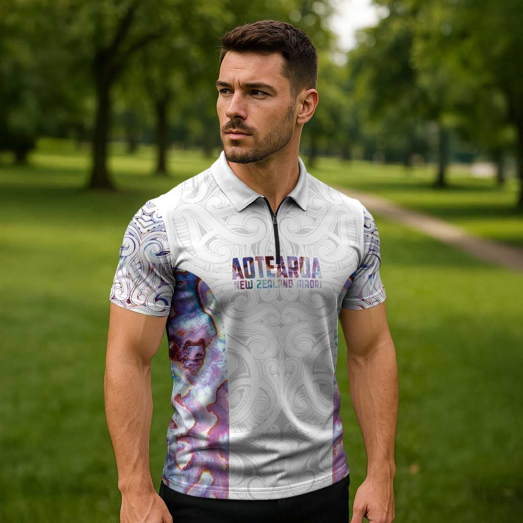 Custom New Zealand Aotearoa Zipper Polo Shirt Pink Maori Paua Shell Indigenous - Aussie Hoodie
