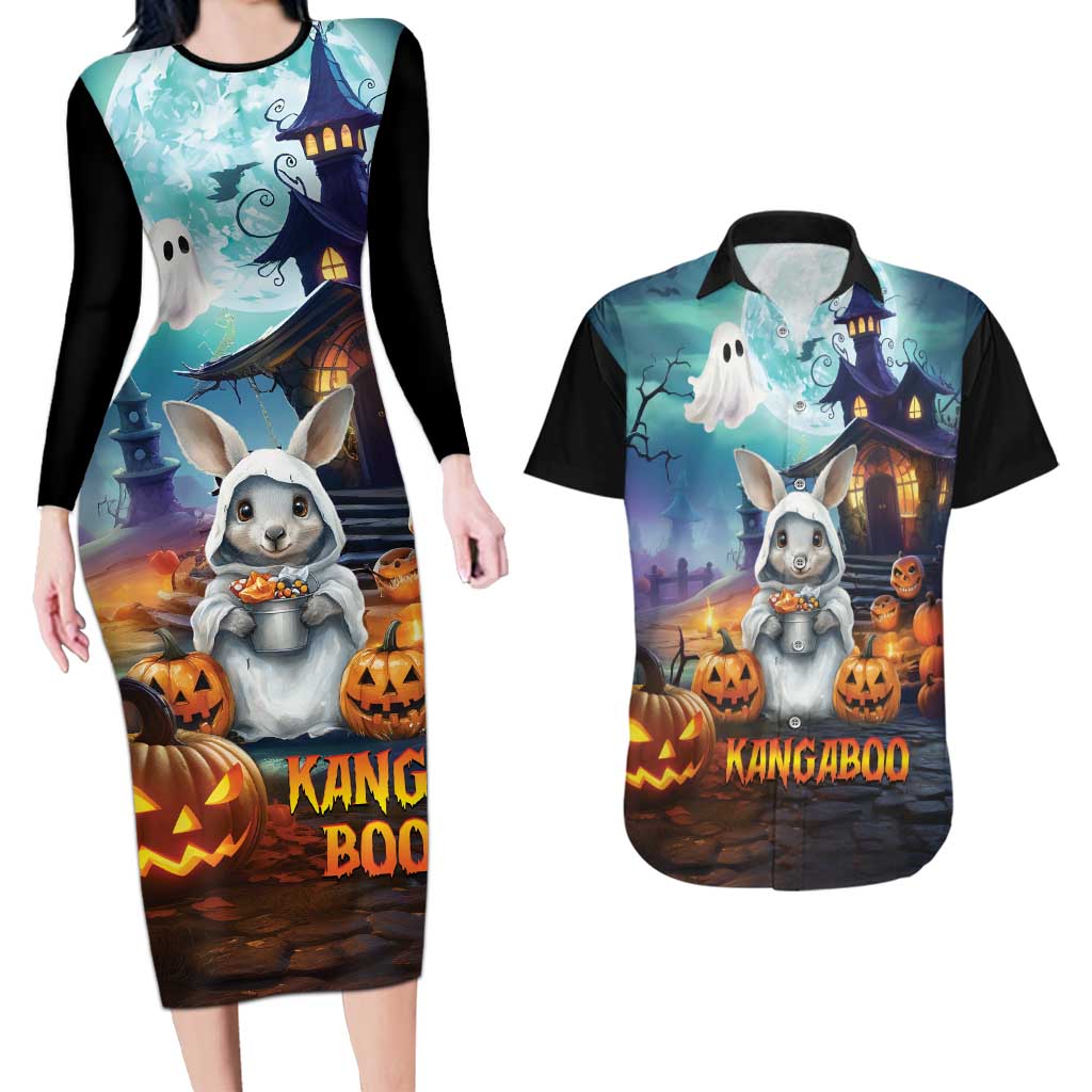Happy Kangaboo Couples Matching Long Sleeve Bodycon Dress and Hawaiian Shirt Kangaroo and Halloween Haunted House