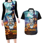 Happy Kangaboo Couples Matching Long Sleeve Bodycon Dress and Hawaiian Shirt Kangaroo and Halloween Haunted House