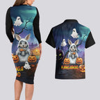 Happy Kangaboo Couples Matching Long Sleeve Bodycon Dress and Hawaiian Shirt Kangaroo and Halloween Haunted House