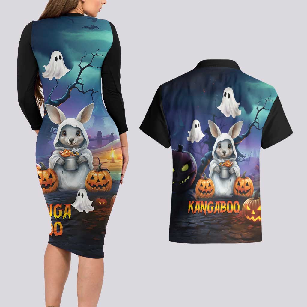Happy Kangaboo Couples Matching Long Sleeve Bodycon Dress and Hawaiian Shirt Kangaroo and Halloween Haunted House