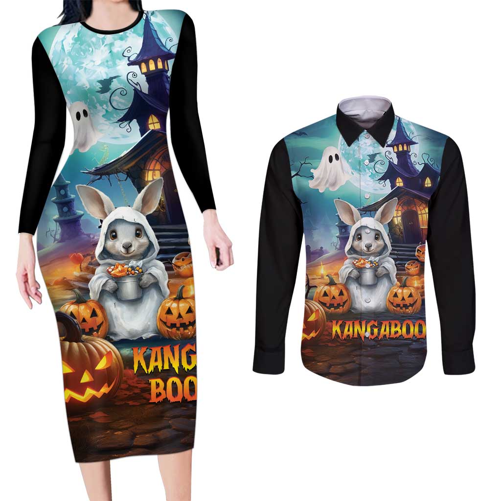 Happy Kangaboo Couples Matching Long Sleeve Bodycon Dress and Long Sleeve Button Shirt Kangaroo and Halloween Haunted House