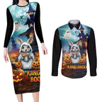 Happy Kangaboo Couples Matching Long Sleeve Bodycon Dress and Long Sleeve Button Shirt Kangaroo and Halloween Haunted House