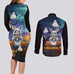 Happy Kangaboo Couples Matching Long Sleeve Bodycon Dress and Long Sleeve Button Shirt Kangaroo and Halloween Haunted House
