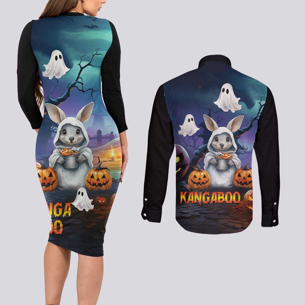 Happy Kangaboo Couples Matching Long Sleeve Bodycon Dress and Long Sleeve Button Shirt Kangaroo and Halloween Haunted House