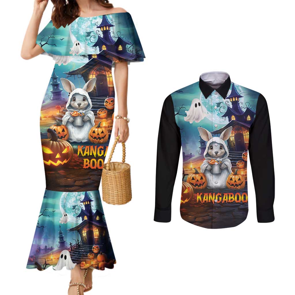 Happy Kangaboo Couples Matching Mermaid Dress and Long Sleeve Button Shirt Kangaroo and Halloween Haunted House