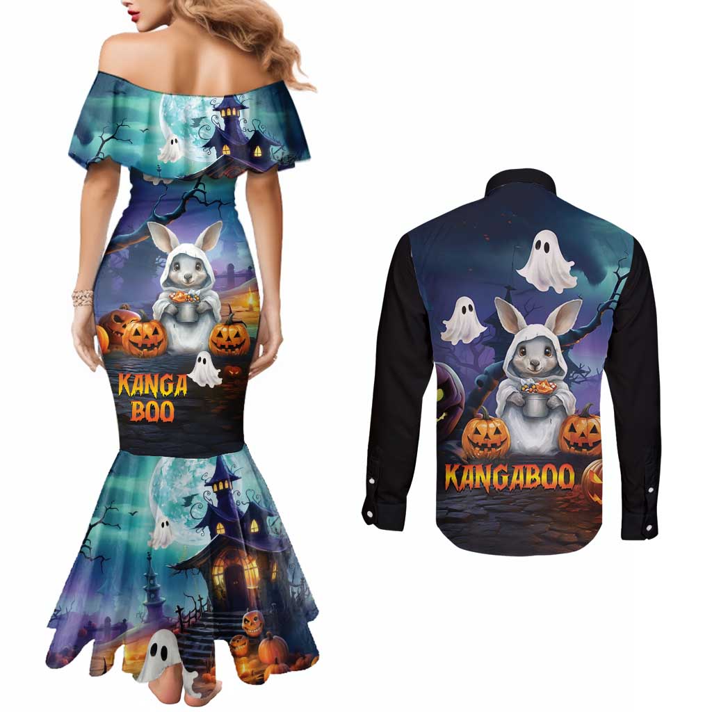 Happy Kangaboo Couples Matching Mermaid Dress and Long Sleeve Button Shirt Kangaroo and Halloween Haunted House
