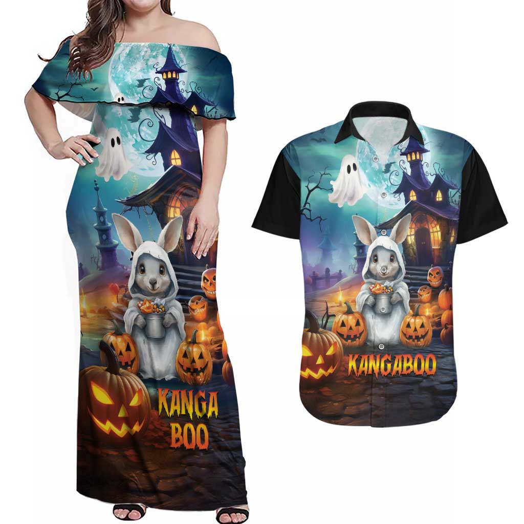 Happy Kangaboo Couples Matching Off Shoulder Maxi Dress and Hawaiian Shirt Kangaroo and Halloween Haunted House