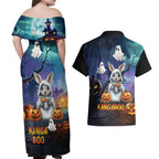 Happy Kangaboo Couples Matching Off Shoulder Maxi Dress and Hawaiian Shirt Kangaroo and Halloween Haunted House