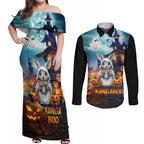 Happy Kangaboo Couples Matching Off Shoulder Maxi Dress and Long Sleeve Button Shirt Kangaroo and Halloween Haunted House