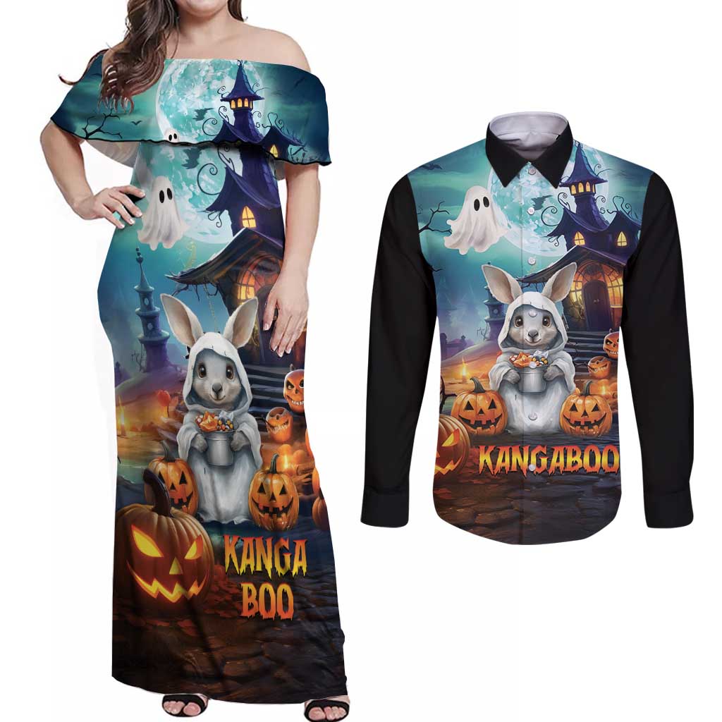 Happy Kangaboo Couples Matching Off Shoulder Maxi Dress and Long Sleeve Button Shirt Kangaroo and Halloween Haunted House