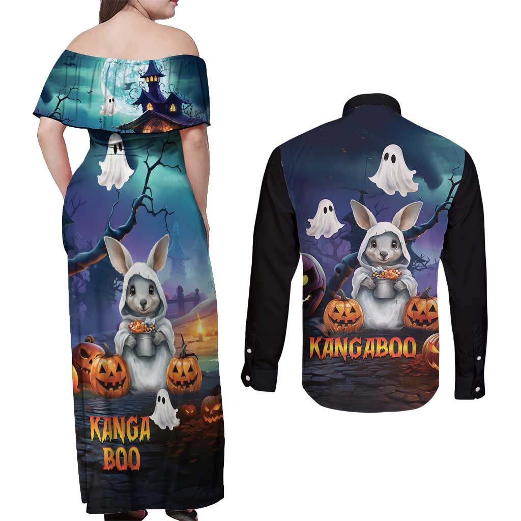 Happy Kangaboo Couples Matching Off Shoulder Maxi Dress and Long Sleeve Button Shirt Kangaroo and Halloween Haunted House