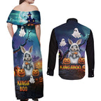 Happy Kangaboo Couples Matching Off Shoulder Maxi Dress and Long Sleeve Button Shirt Kangaroo and Halloween Haunted House