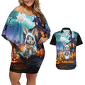 Happy Kangaboo Couples Matching Off Shoulder Short Dress and Hawaiian Shirt Kangaroo and Halloween Haunted House
