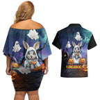 Happy Kangaboo Couples Matching Off Shoulder Short Dress and Hawaiian Shirt Kangaroo and Halloween Haunted House