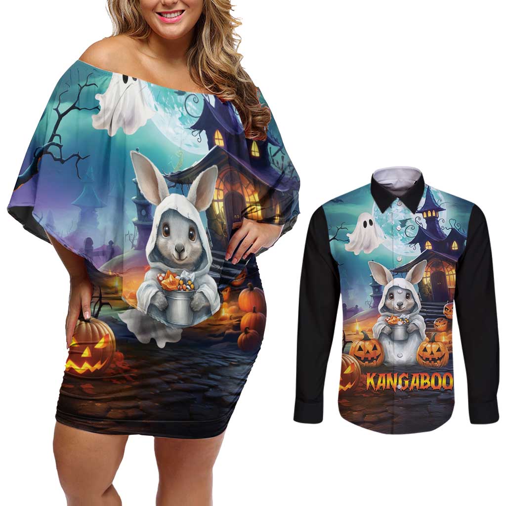 Happy Kangaboo Couples Matching Off Shoulder Short Dress and Long Sleeve Button Shirt Kangaroo and Halloween Haunted House