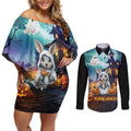 Happy Kangaboo Couples Matching Off Shoulder Short Dress and Long Sleeve Button Shirt Kangaroo and Halloween Haunted House