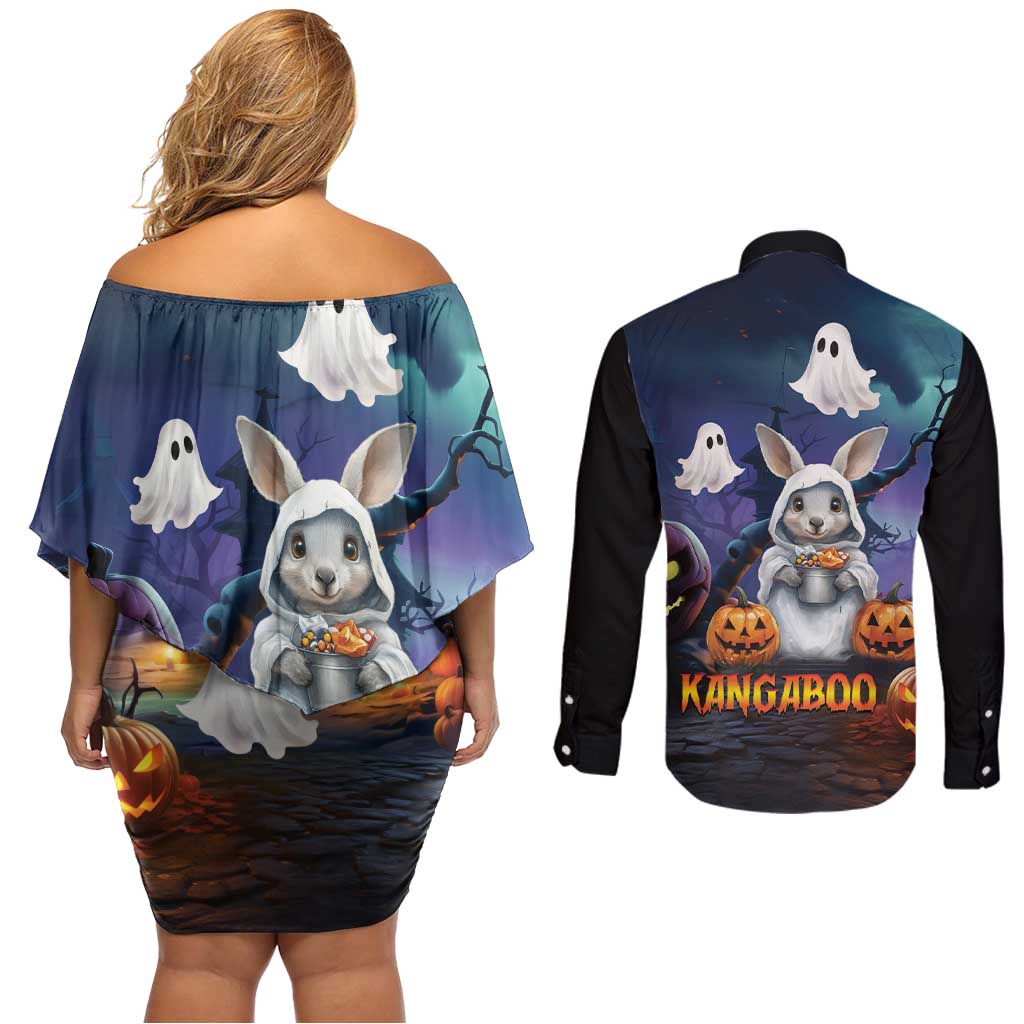 Happy Kangaboo Couples Matching Off Shoulder Short Dress and Long Sleeve Button Shirt Kangaroo and Halloween Haunted House
