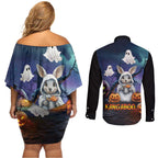 Happy Kangaboo Couples Matching Off Shoulder Short Dress and Long Sleeve Button Shirt Kangaroo and Halloween Haunted House