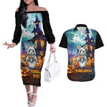 Happy Kangaboo Couples Matching Off The Shoulder Long Sleeve Dress and Hawaiian Shirt Kangaroo and Halloween Haunted House