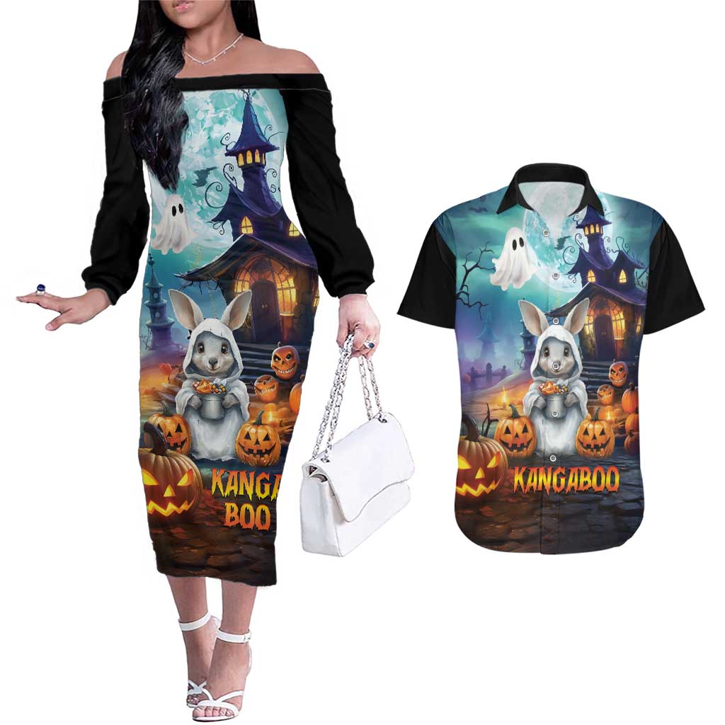 Happy Kangaboo Couples Matching Off The Shoulder Long Sleeve Dress and Hawaiian Shirt Kangaroo and Halloween Haunted House