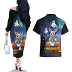 Happy Kangaboo Couples Matching Off The Shoulder Long Sleeve Dress and Hawaiian Shirt Kangaroo and Halloween Haunted House