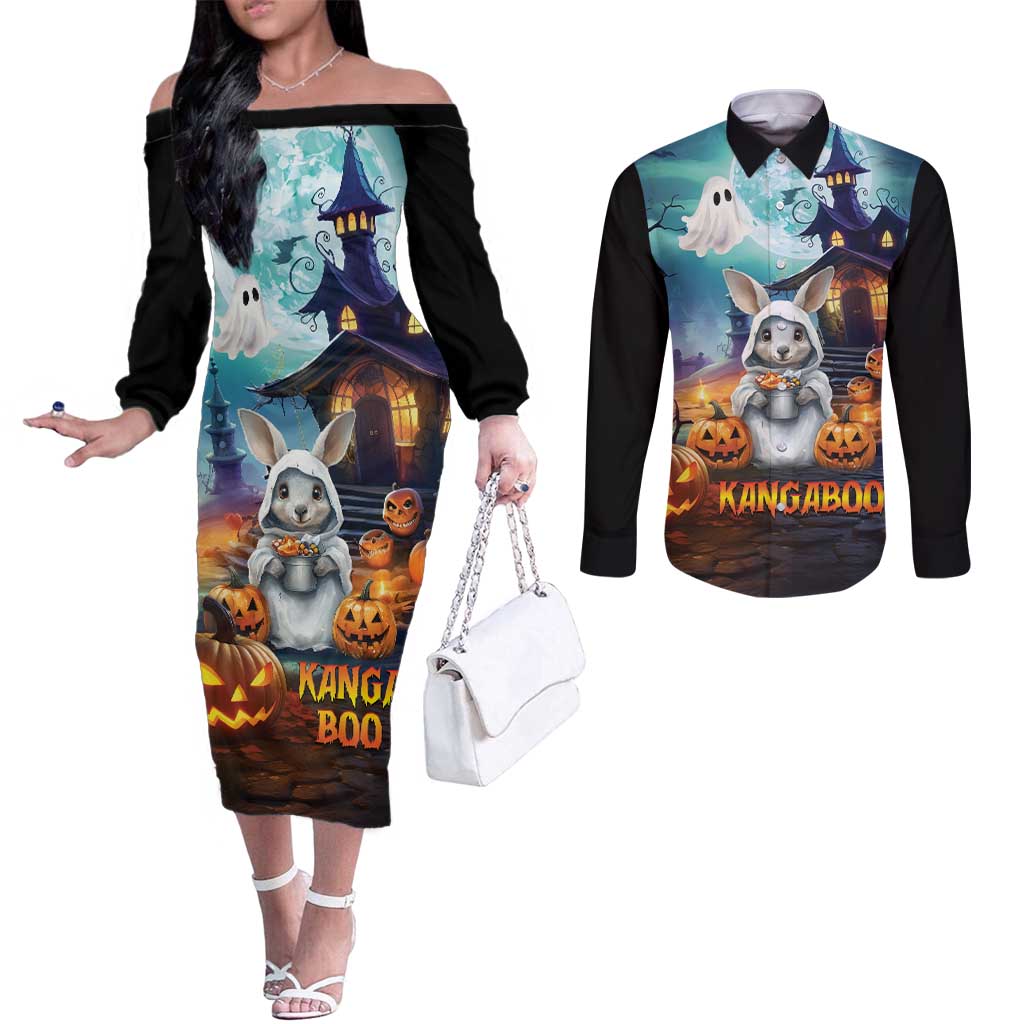 Happy Kangaboo Couples Matching Off The Shoulder Long Sleeve Dress and Long Sleeve Button Shirt Kangaroo and Halloween Haunted House