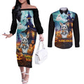 Happy Kangaboo Couples Matching Off The Shoulder Long Sleeve Dress and Long Sleeve Button Shirt Kangaroo and Halloween Haunted House