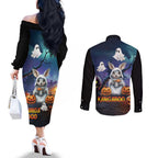 Happy Kangaboo Couples Matching Off The Shoulder Long Sleeve Dress and Long Sleeve Button Shirt Kangaroo and Halloween Haunted House