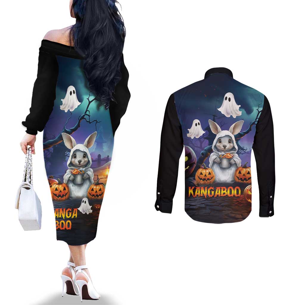 Happy Kangaboo Couples Matching Off The Shoulder Long Sleeve Dress and Long Sleeve Button Shirt Kangaroo and Halloween Haunted House