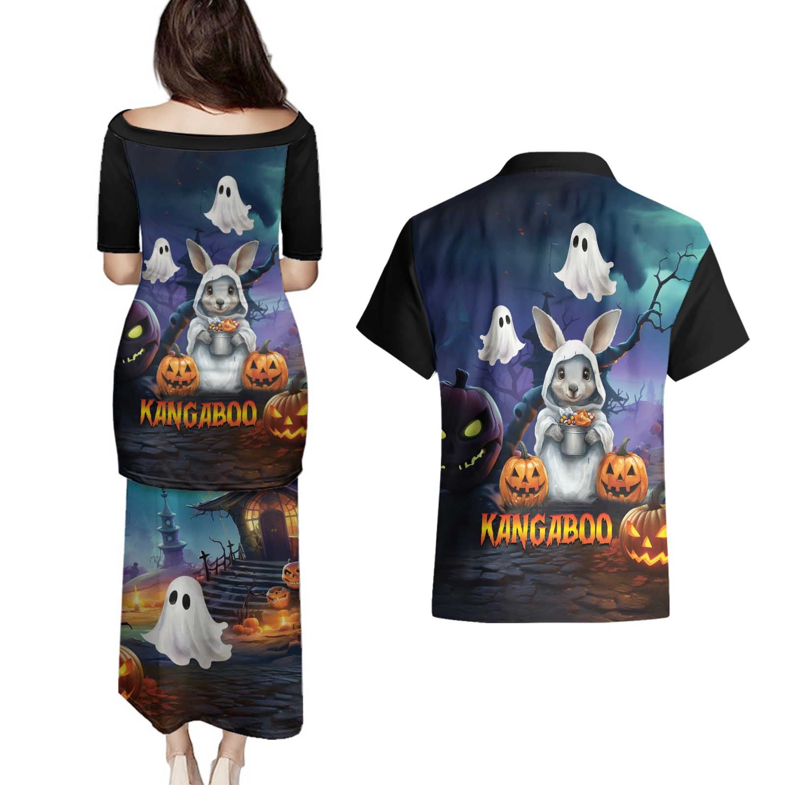 Happy Kangaboo Couples Matching Puletasi and Hawaiian Shirt Kangaroo and Halloween Haunted House