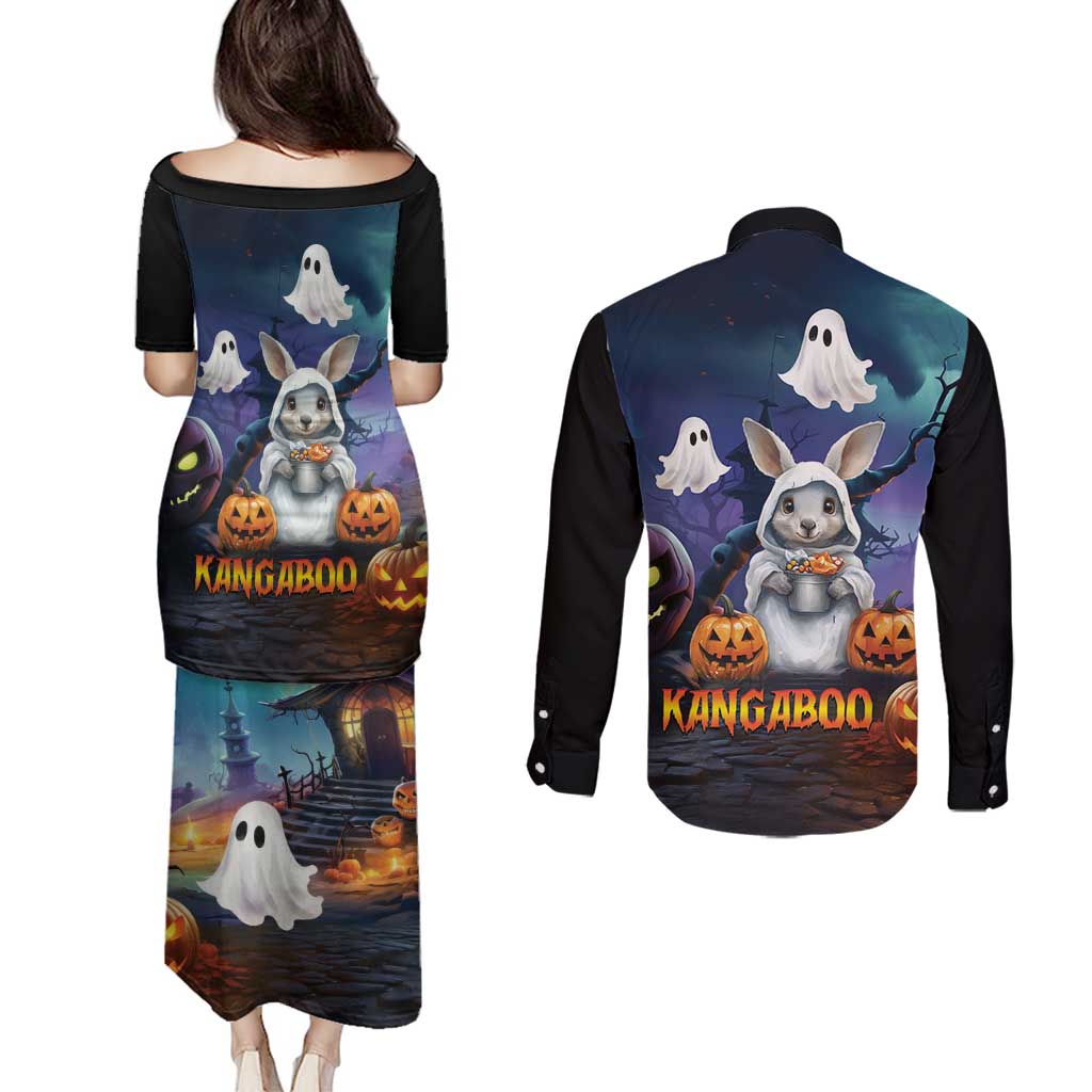 Happy Kangaboo Couples Matching Puletasi and Long Sleeve Button Shirt Kangaroo and Halloween Haunted House