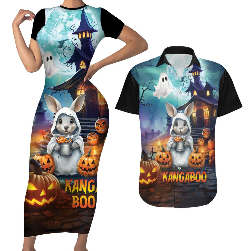 Happy Kangaboo Couples Matching Short Sleeve Bodycon Dress and Hawaiian Shirt Kangaroo and Halloween Haunted House