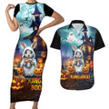 Happy Kangaboo Couples Matching Short Sleeve Bodycon Dress and Hawaiian Shirt Kangaroo and Halloween Haunted House