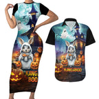 Happy Kangaboo Couples Matching Short Sleeve Bodycon Dress and Hawaiian Shirt Kangaroo and Halloween Haunted House
