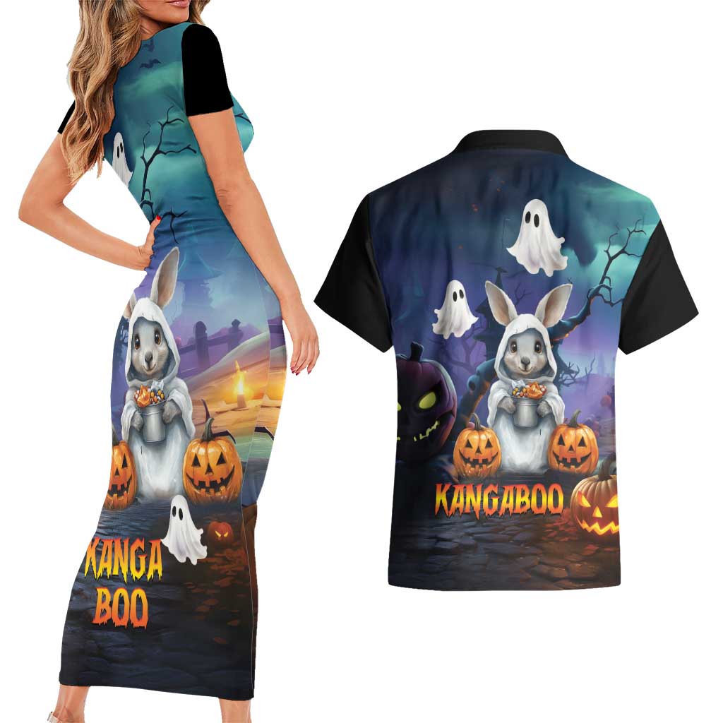 Happy Kangaboo Couples Matching Short Sleeve Bodycon Dress and Hawaiian Shirt Kangaroo and Halloween Haunted House