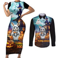 Happy Kangaboo Couples Matching Short Sleeve Bodycon Dress and Long Sleeve Button Shirt Kangaroo and Halloween Haunted House