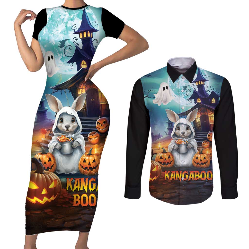 Happy Kangaboo Couples Matching Short Sleeve Bodycon Dress and Long Sleeve Button Shirt Kangaroo and Halloween Haunted House