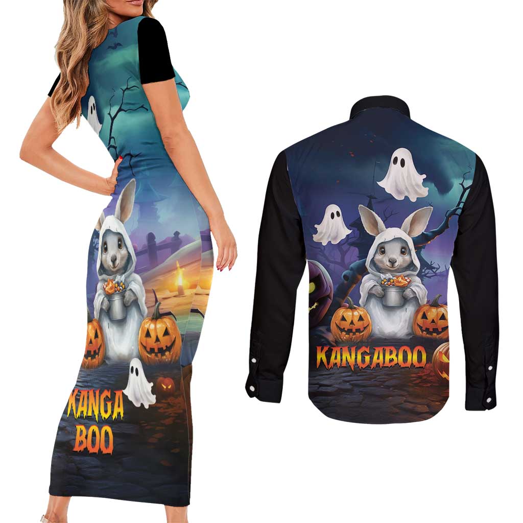 Happy Kangaboo Couples Matching Short Sleeve Bodycon Dress and Long Sleeve Button Shirt Kangaroo and Halloween Haunted House