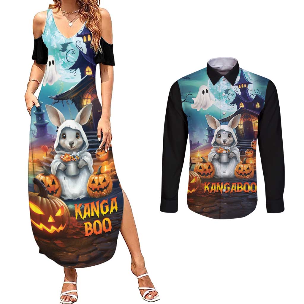 Happy Kangaboo Couples Matching Summer Maxi Dress and Long Sleeve Button Shirt Kangaroo and Halloween Haunted House