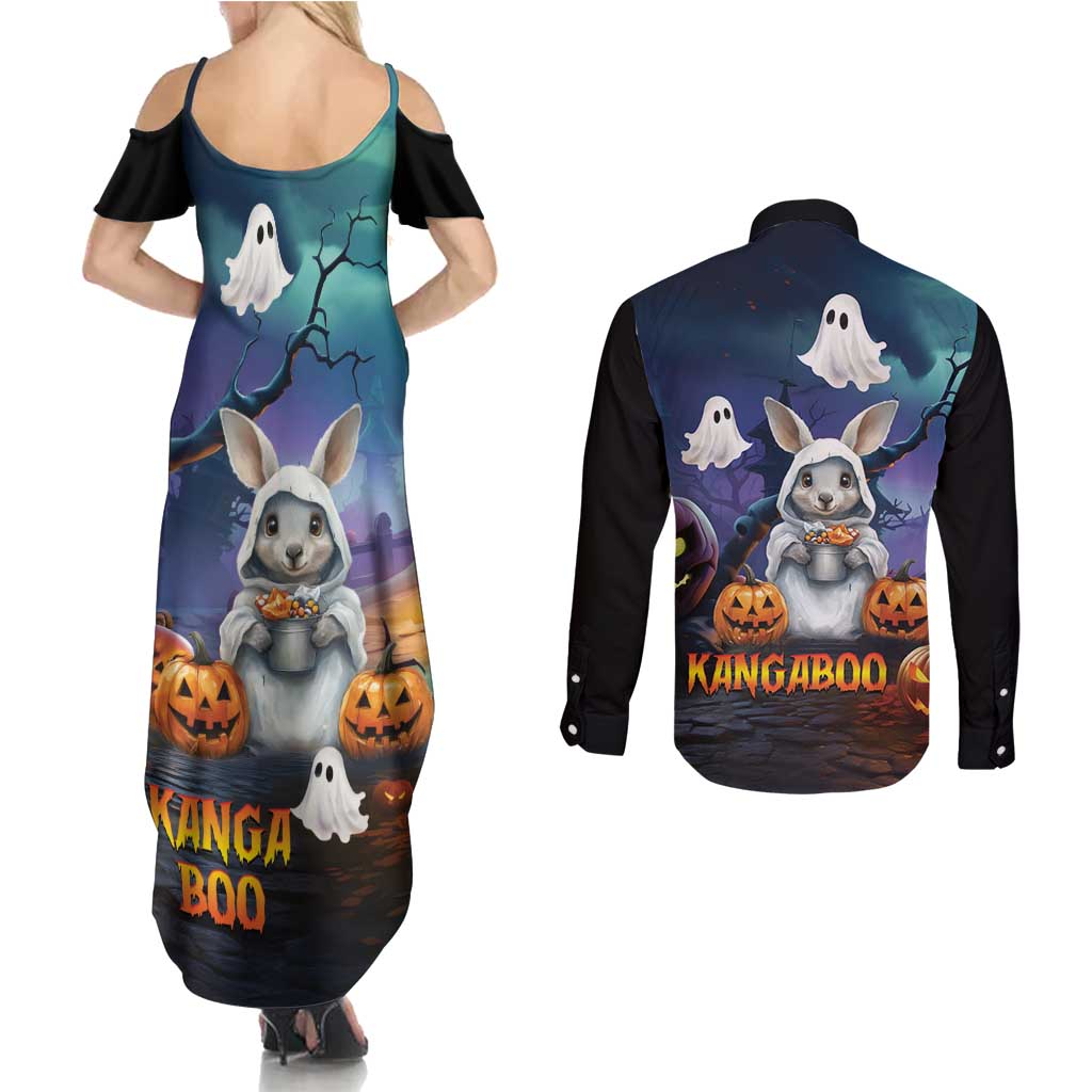 Happy Kangaboo Couples Matching Summer Maxi Dress and Long Sleeve Button Shirt Kangaroo and Halloween Haunted House