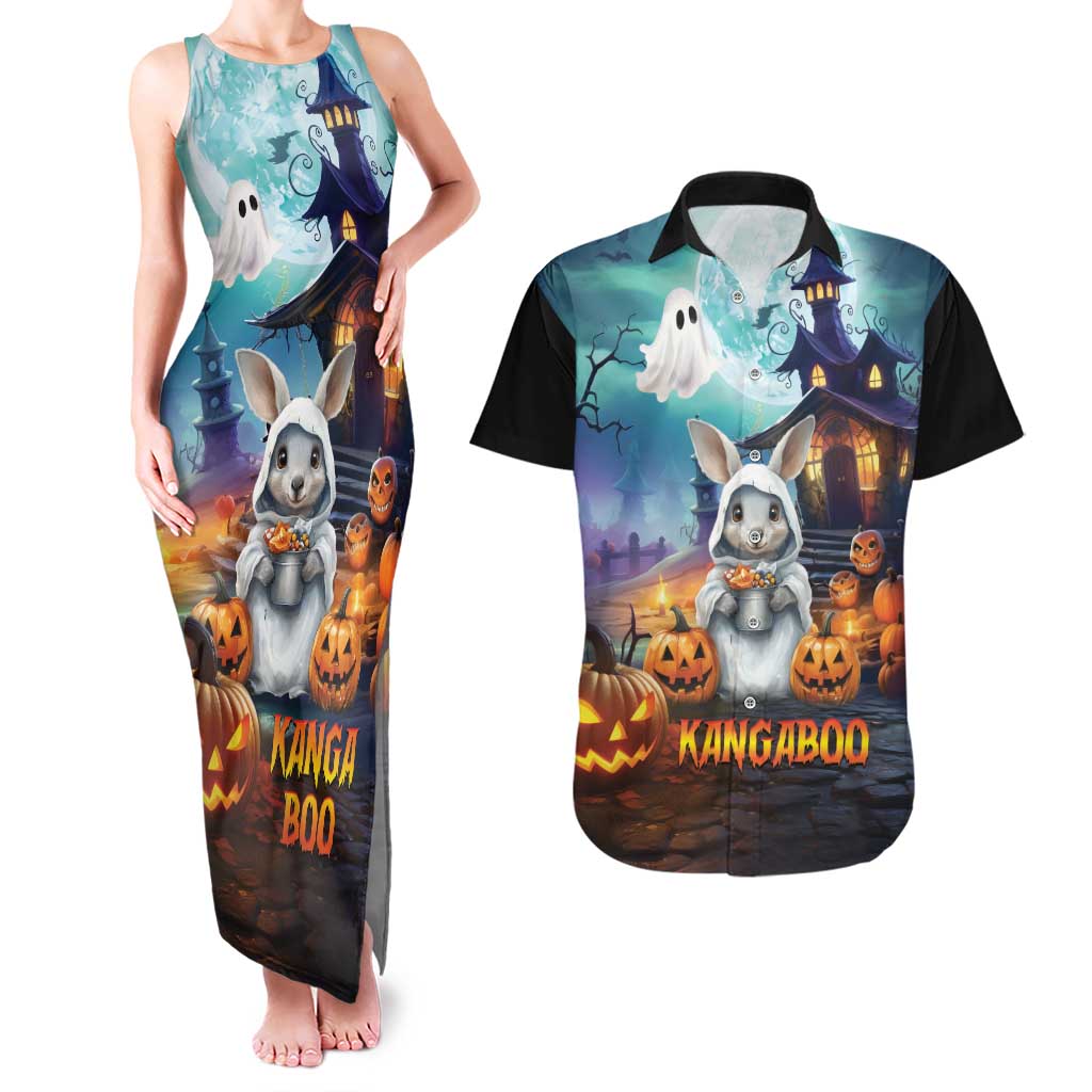 Happy Kangaboo Couples Matching Tank Maxi Dress and Hawaiian Shirt Kangaroo and Halloween Haunted House