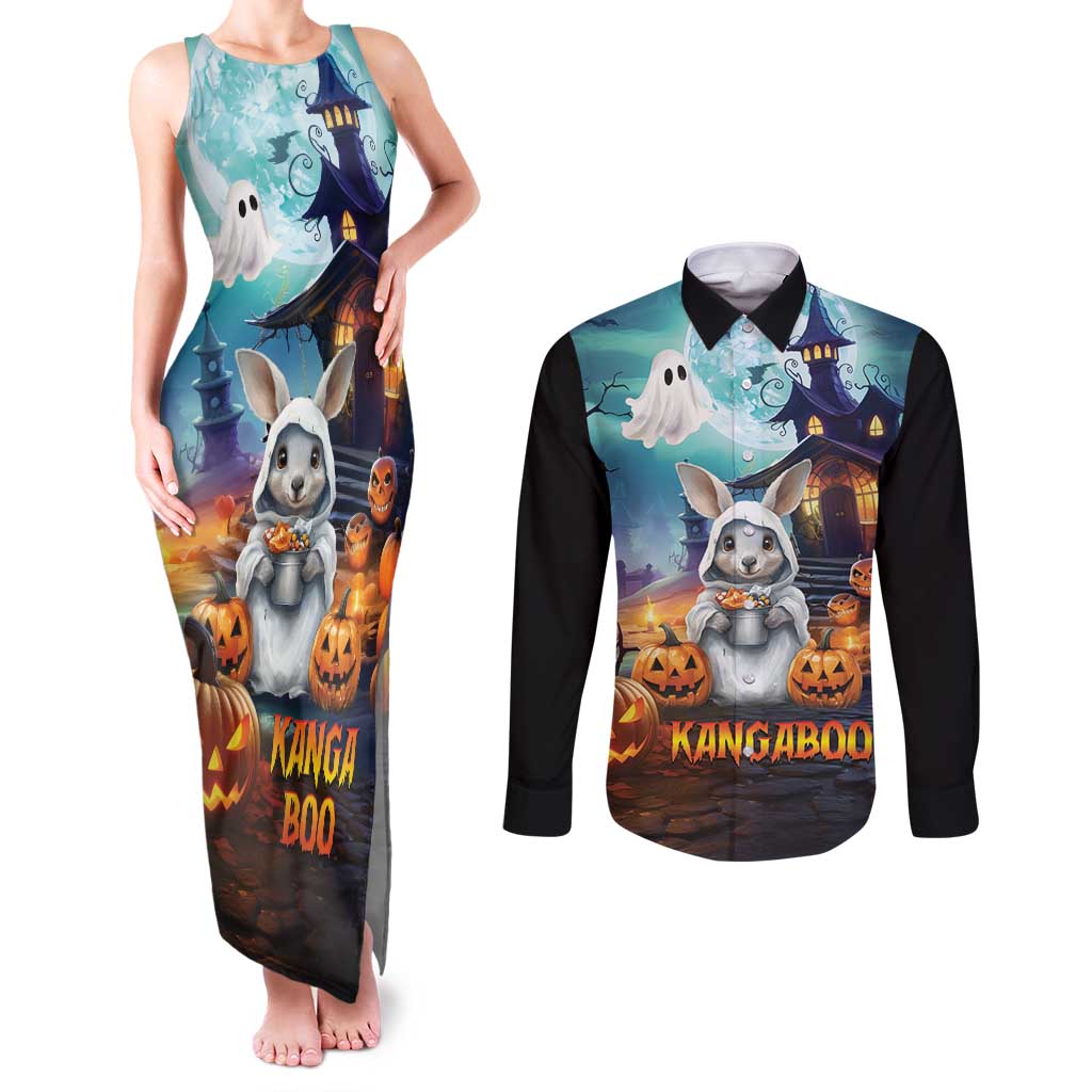 Happy Kangaboo Couples Matching Tank Maxi Dress and Long Sleeve Button Shirt Kangaroo and Halloween Haunted House